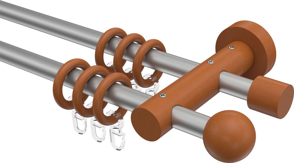 Interdeco Gardinenstange / Vorhangstange Silbergrau / Kirschbaum lackiert, Typ Adrian Geo (Kugel), 16 mm Ø 2-läufig, 520 cm
