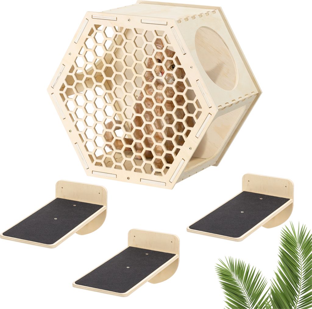 Navaris Katzen Kletterwand 4er Set - Katzenkletterregale wandmontiert - Wand Katzenmöbel Katzenwandregale platzsparend - Katzentreppe zum Klettern