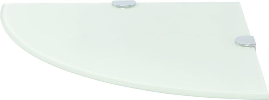 A white corner shelf with silver metal brackets.