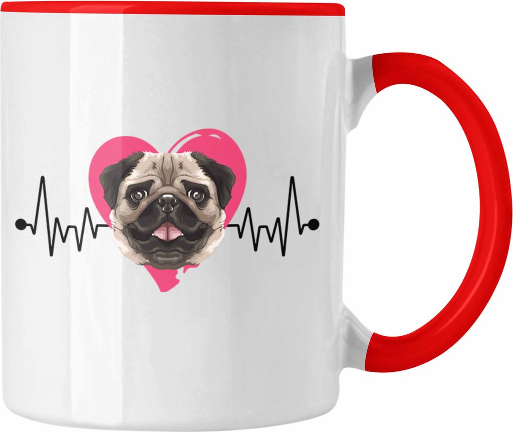 Trendation - Mops Besitzer Tasse Geschenk Lustiger Spruch Geschenkidee Herzschlag Mops (Rot)