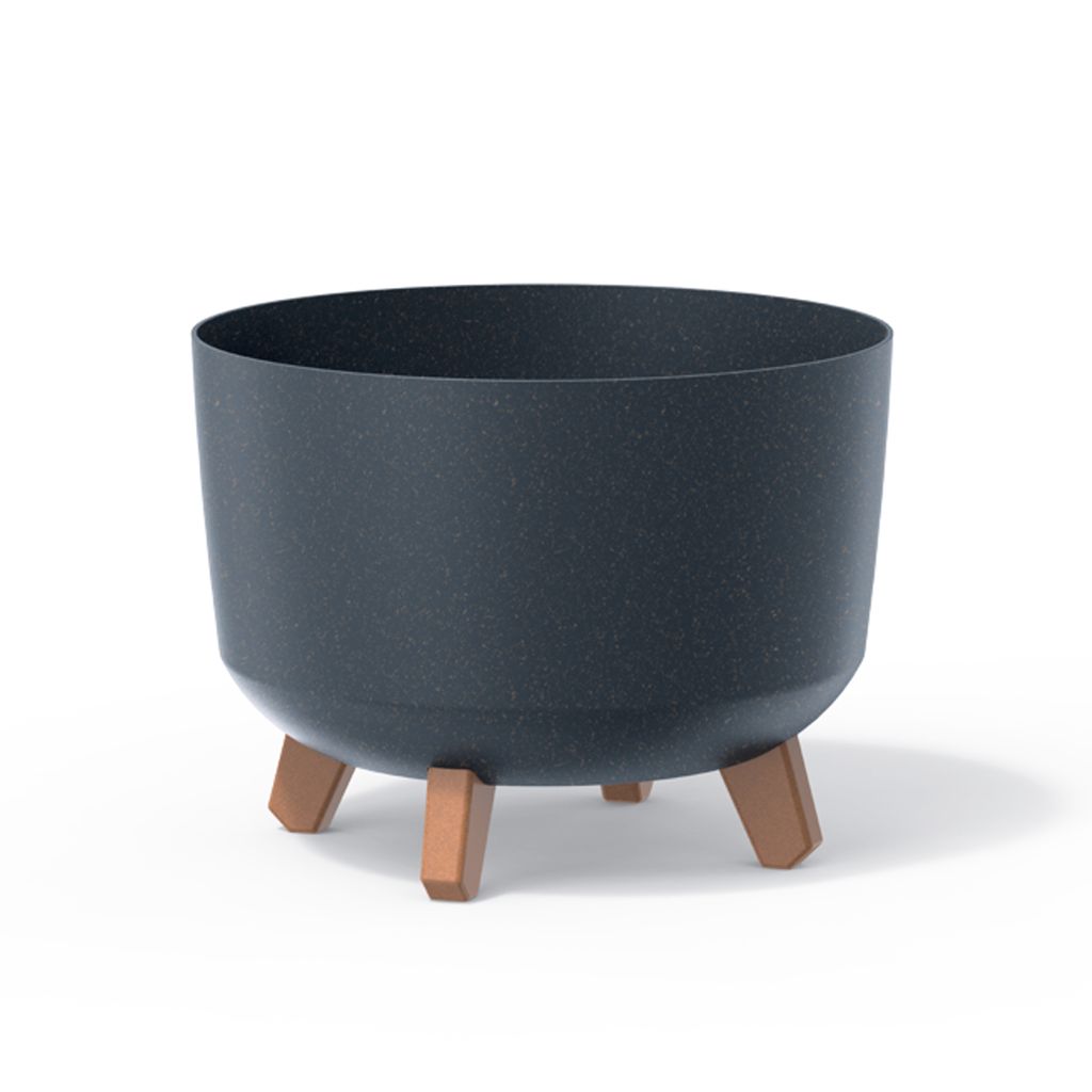 A dark grey speckled planter pot with three wooden legs, shown against a white background.