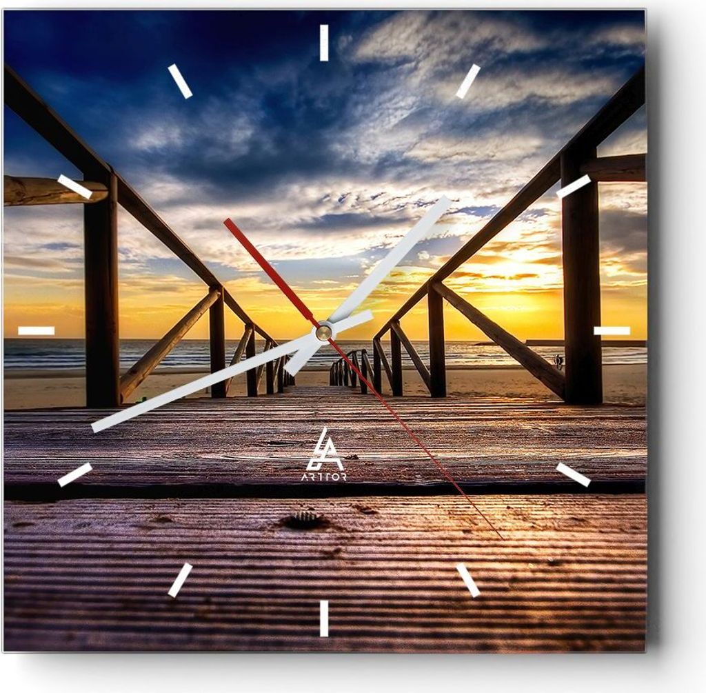 Wanduhr - Quadrat - Glasuhr - Strand Ozean Sand Holzbrücke Produktbild 