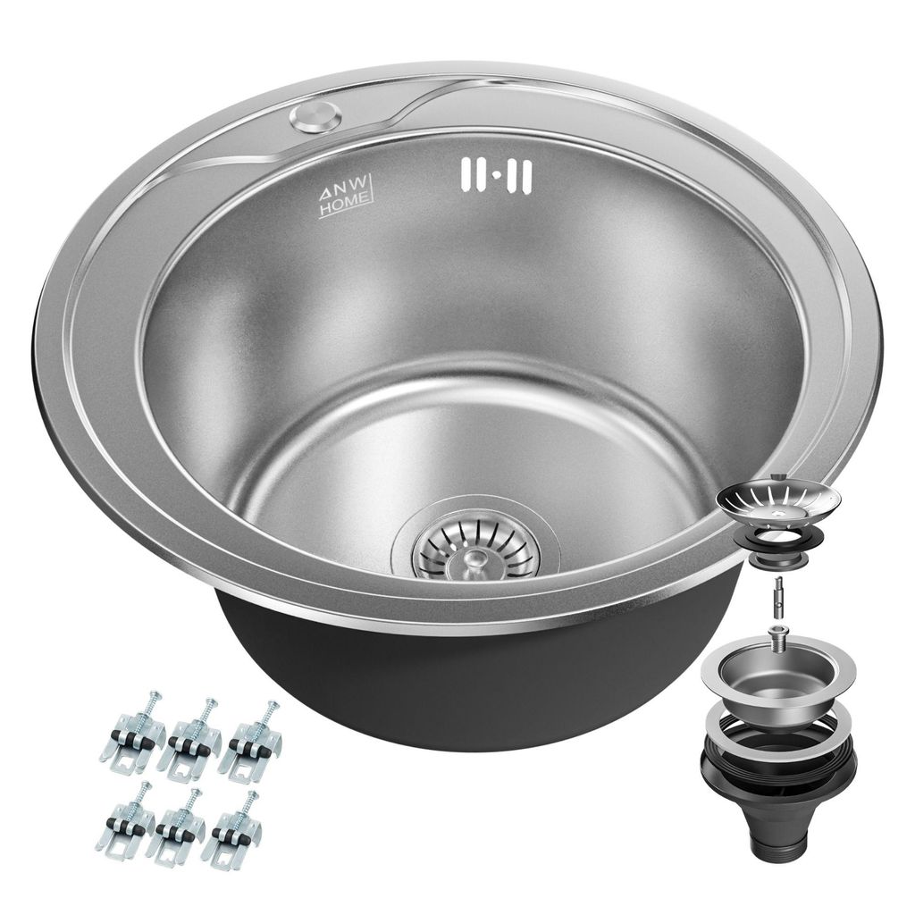 ANW HOME Spülbecken Küche Rund Ø49 x 20 cm Satin mit Siphon, Waschbecken Küche Edelstahl mit Hahnloch, Spüle Spülbecken Edelstahl, Edelstahls...