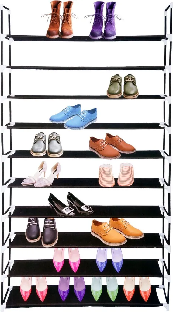 Porte-chaussures 10 étages noir compact avec structure stable renforcée