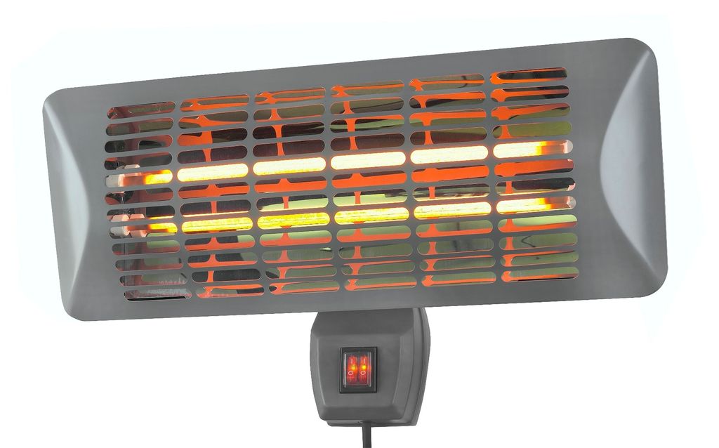 A dark gray electric heater with glowing orange heating elements, mounted on a bracket with a switch.