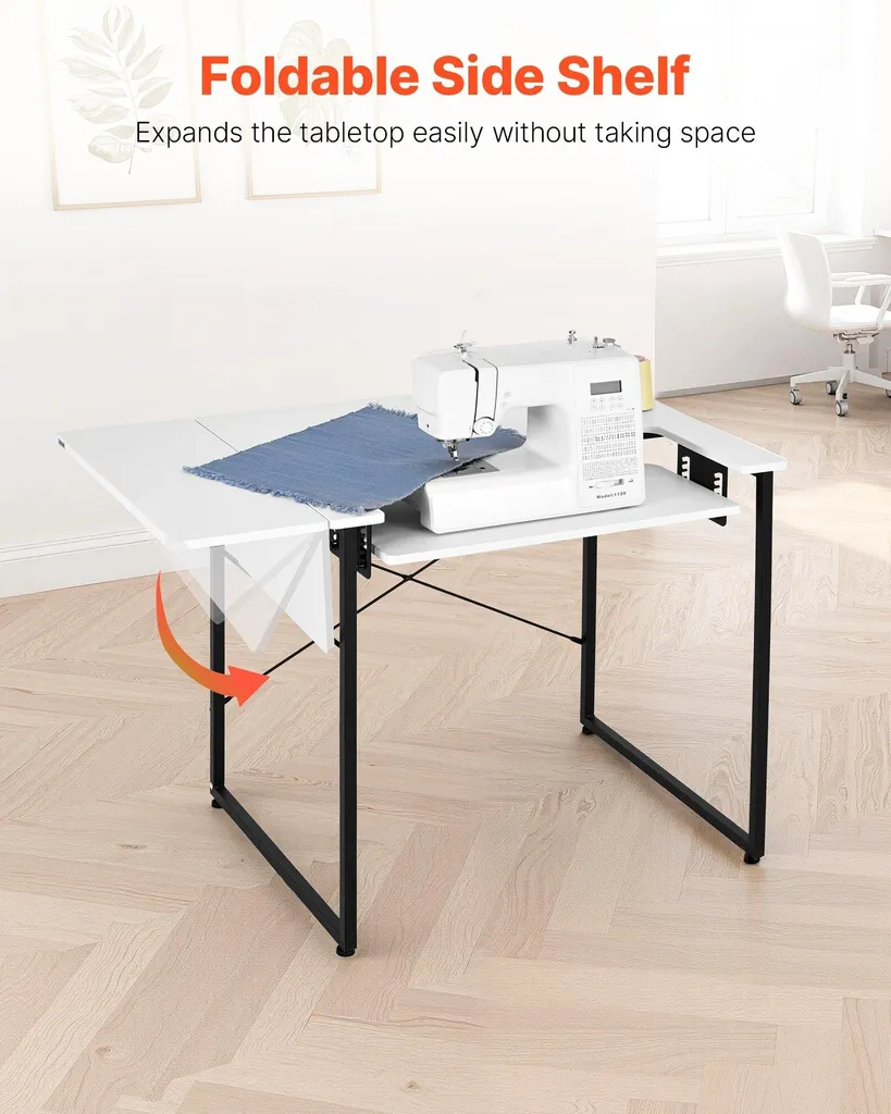 Tavolo da cucito - Tavolo per macchina da cucire - Piano ribaltabile - Ripiano regolabile in altezza - Struttura in acciaio - Salvaspazio - Per la casa e lo studio - Utilizzabile anche come tavolo per computer - Bianco - 5