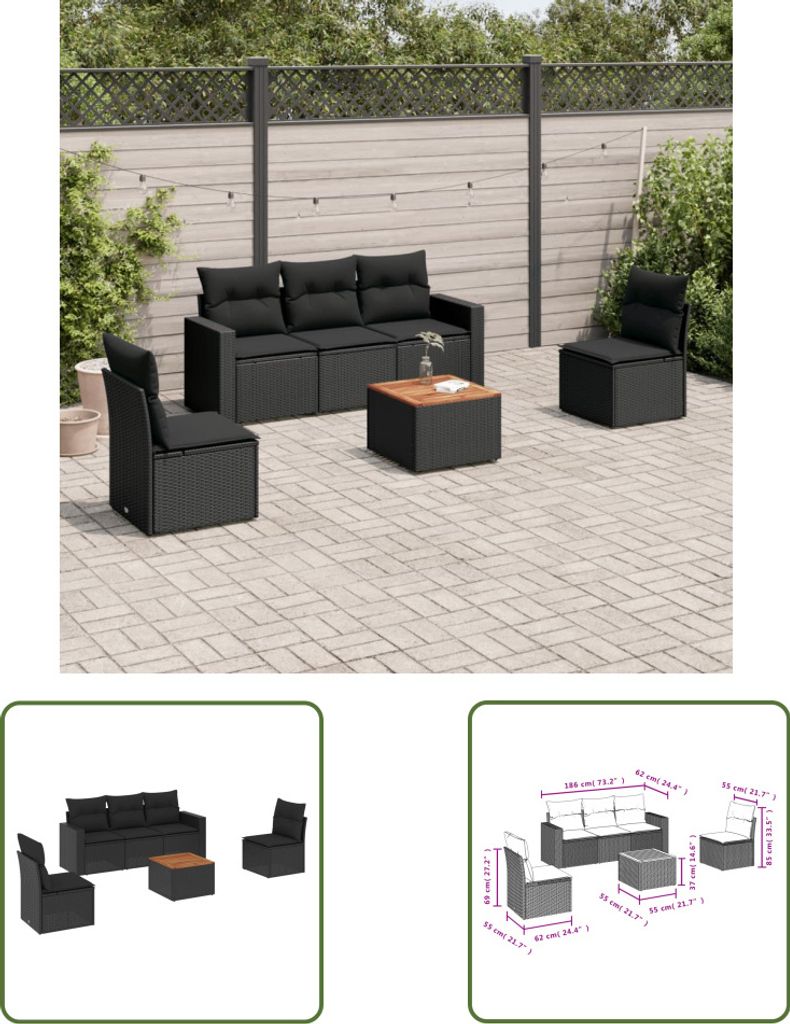 The Living Store 6-tlg. Garten-Sofagarnitur mit Kissen Schwarz Poly Rattan