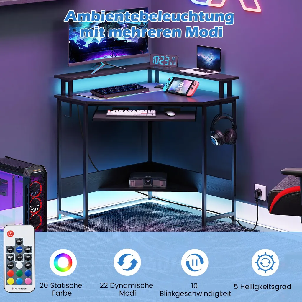 Bureau informatique LED avec tablette clavier coulissante table d'angle - 5