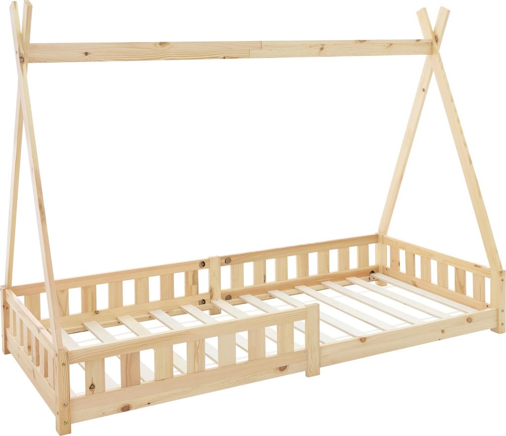 ML-Design Kinderbett Tipi 90x200 cm mit Rausfallschutz und Lattenrost, Natur, aus Kiefernholz, Hausbett mit Zaun, Bodenbett, Holzbett