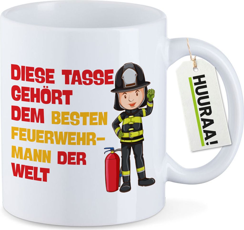 Huuraa Kaffeetasse Tasse gehört dem besten Feuerwehrmann der Welt 330ml Weiß Keramik Kaffeebecher Geschenkidee