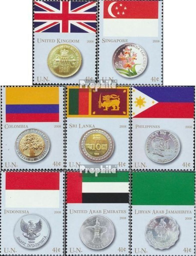 Briefmarken UNO - New York 2008 Mi 1083-1090 (kompl.Ausg.) FDC Flaggen und Münzen