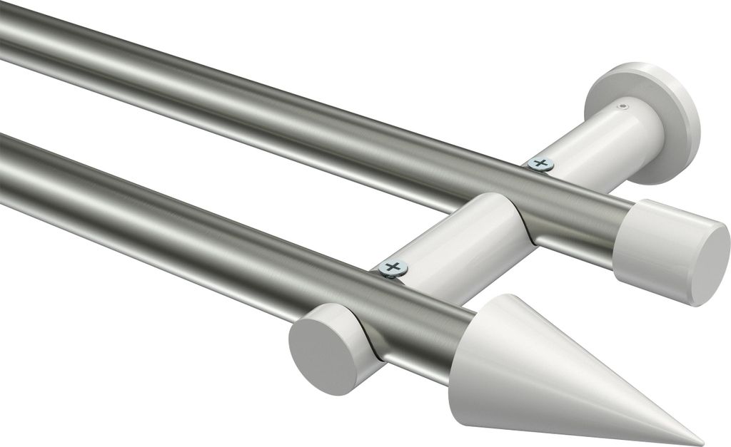 Interdeco Gardinenstange / Vorhangstange Edelstahl-Optik / Weiß, Typ Platon Savio (Kegel) ohne Ringe, 20 mm Ø 2-läufig, 520 cm