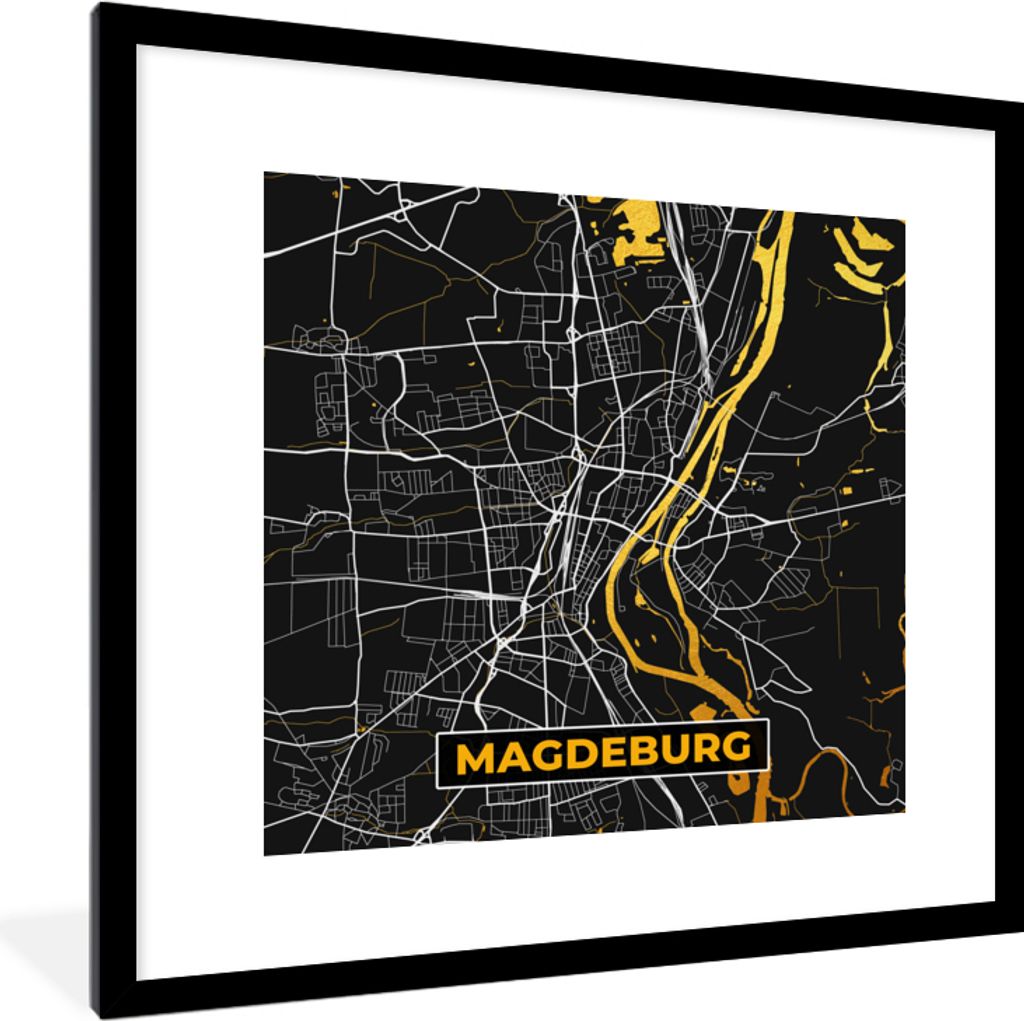 MuchoWow Gerahmtes Poster Magdeburg - Stadtplan - Deutschland - Karte - Gold 40x40 cm - Poster mit Schwarzem Bilderrahmen Wandposter Rahmen Foto ...