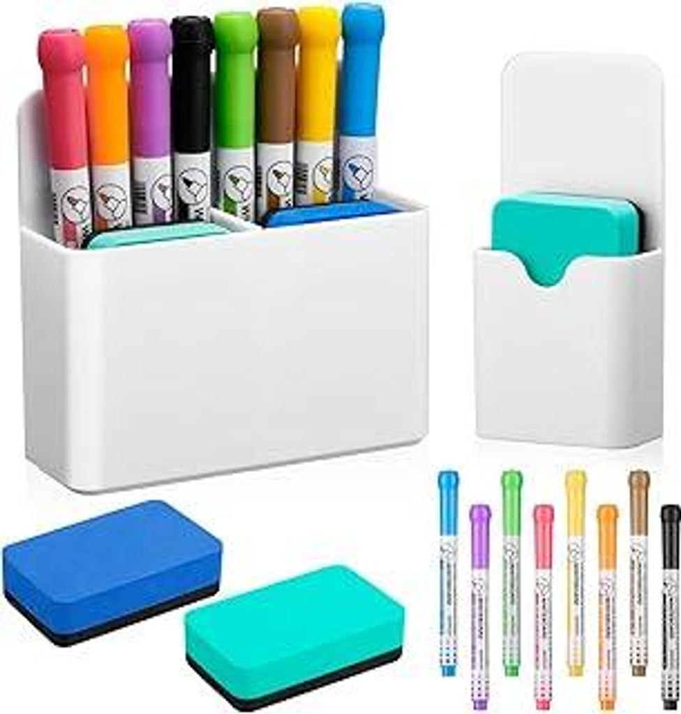 12 Stück Whiteboard Zubehör, 2 Stifthalter Magnetisch mit 2 Stück Whiteboard Schwamm 8 Whiteboards Marker,Magnetischer Stifthalter für Schule,B...