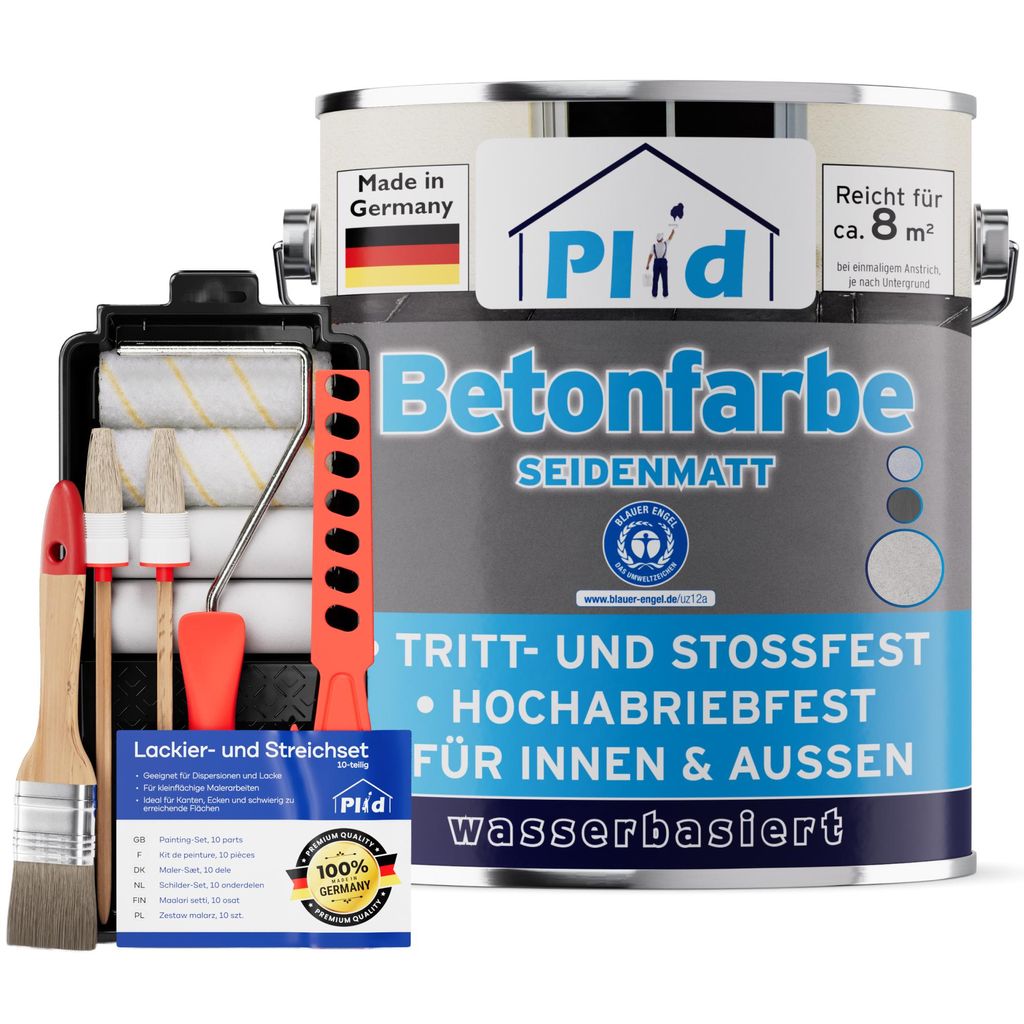 Plid Betonfarbe 0,75 L Kieselgrau – Bodenbeschichtung & Sockelfarbe für ca. 8 m² – Inklusive Anstrichset, abriebfest, wetterbeständig, Germany