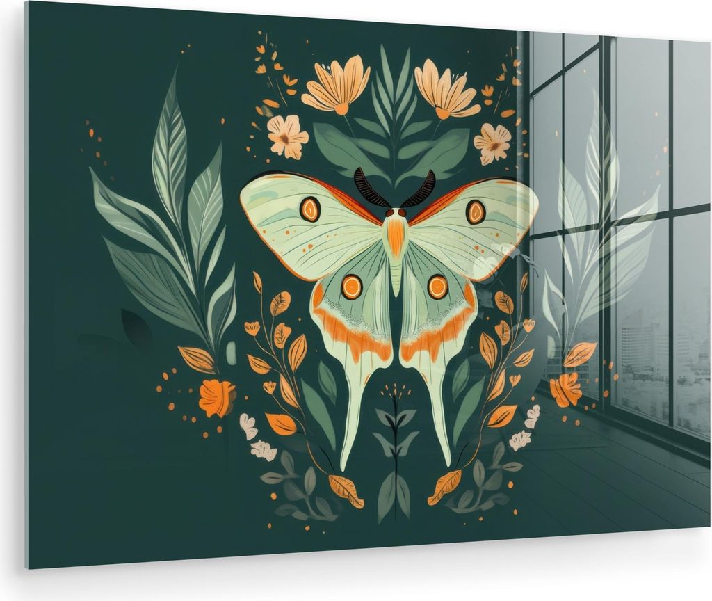 MuchoWow Glasbilder - Bilder auf Wandbild - Foto auf Glas Ornamental - Schmetterling - Grün - Blätter 30x20 cm Wanddekoration aus Glas - Acrylgla...