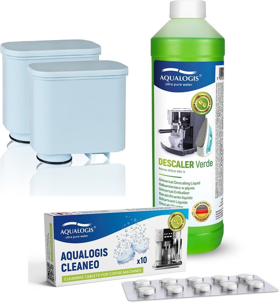 Set für Saeco Philips AL-Clean 2 Stück, Verde 750ml, Cleaneo 10 Tabletten - Kaffeemaschinenset - Wasserfilter - Reinigungstabletten - Entkalker