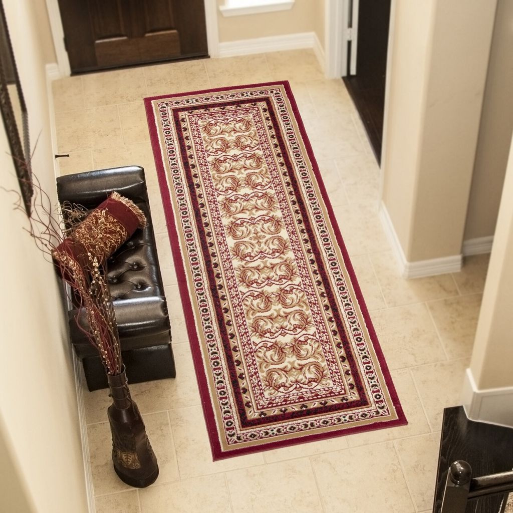 Teppichläufer Flur Teppich Kurzflor Modern Brücke Wohnzimmer Schlafzimmer Design Rot Creme 70 x 250 cm