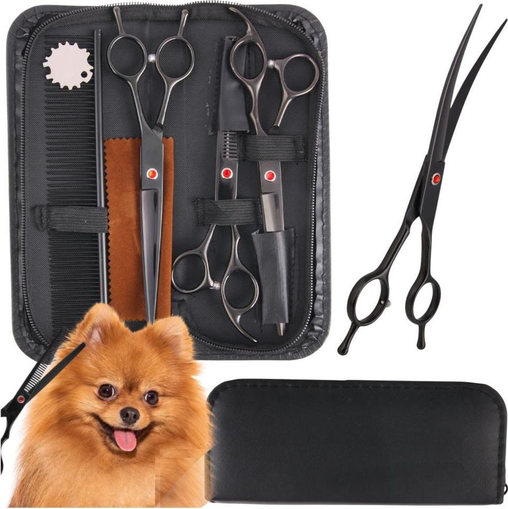 Wobell | Professionelles 4‐teiliges Grooming‐Set – 4CR Edelstahl, Effilierschere, gebogene + gerade Schere, Kamm, Etui, Profiqualität