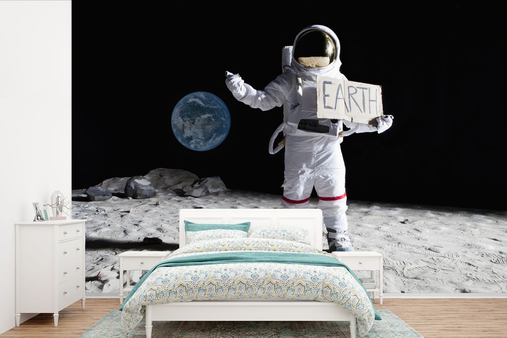 MuchoWow Fototapete für Wohnzimmer oder Schlafzimmer Wandtapete Vinyl Motivtapete Astronaut - Erde - Mond - 600x400 cm - Vinyltapeten