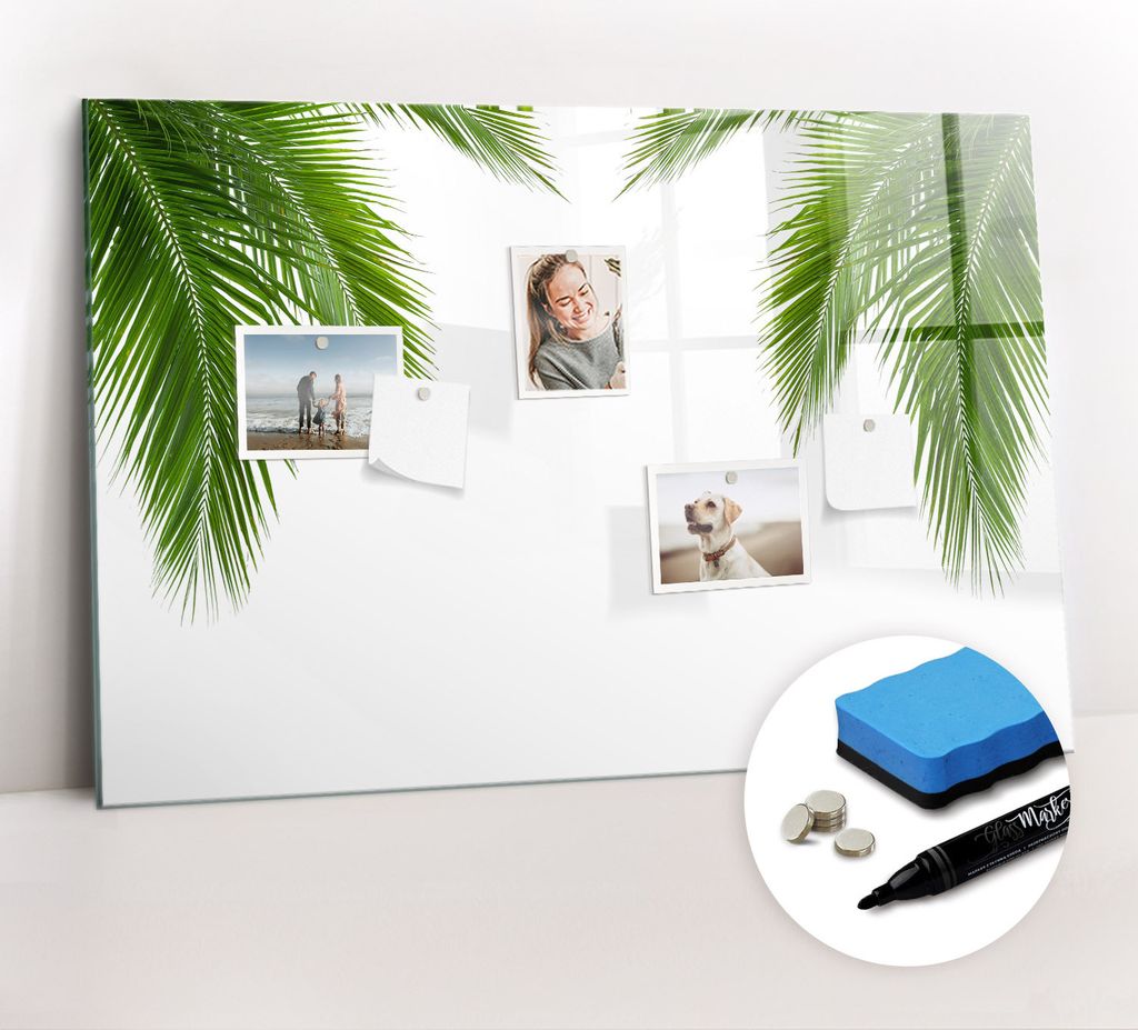 Magnetpinnwand Memoboard - Zubehörsatz - Schwarzer Marker + Schwamm + Magnete - 90 x 60 cm - Naturpalmenblätter