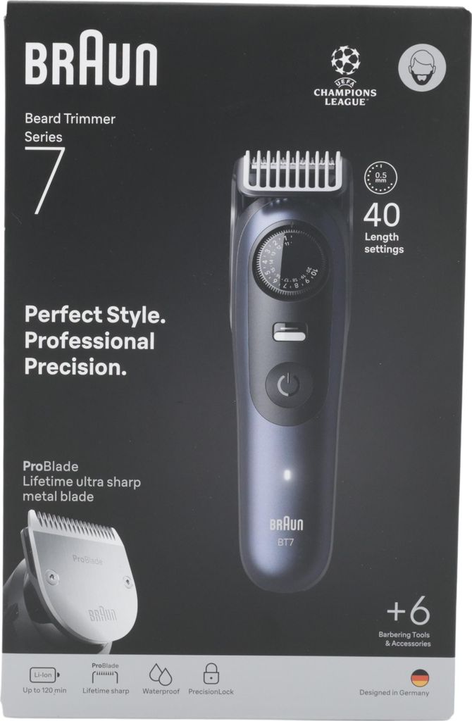 Braun BeardTrimmer 7 BT7520, Waschbar, Akku, Schwarz, Blau Produktbild 