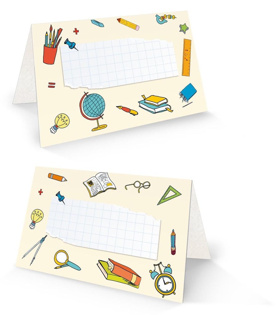 25 Tischkarten Schule Kindergarten 8,5x5,5?cm Schulanfang Tischdeko, beschriftbare Namenskarten mit bunten Schulmotiven – Logbuch-Verlag