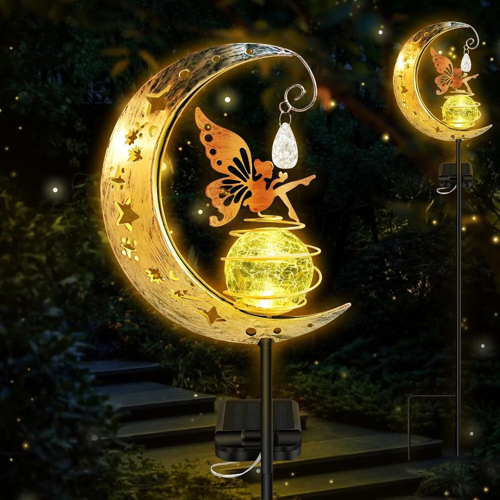 Outdoor Garden Solar Lights Fairy in the Moon, Fairy Garden LED Solar Lights Outdoor Garden Lighting Moon Stake Lighting Dekoration