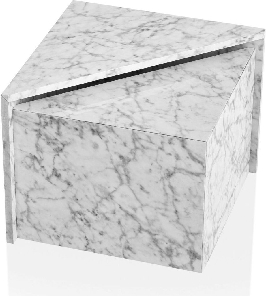 Couchtisch 2er Set MONOBLOC Weiß Hochglanz Sofatisch mit Marmor Optik, Design Satztisch Eckig, Wohnzimmertisch Ineinanderschiebbar, Lounge Verscha...