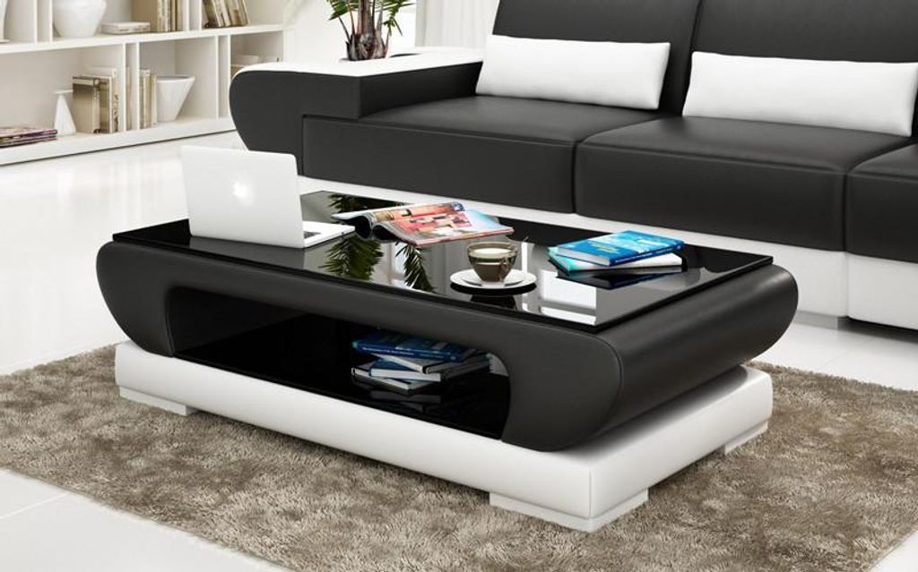 Designer Couchtisch Polster Tisch Leder Glas Moderner Image du produit 