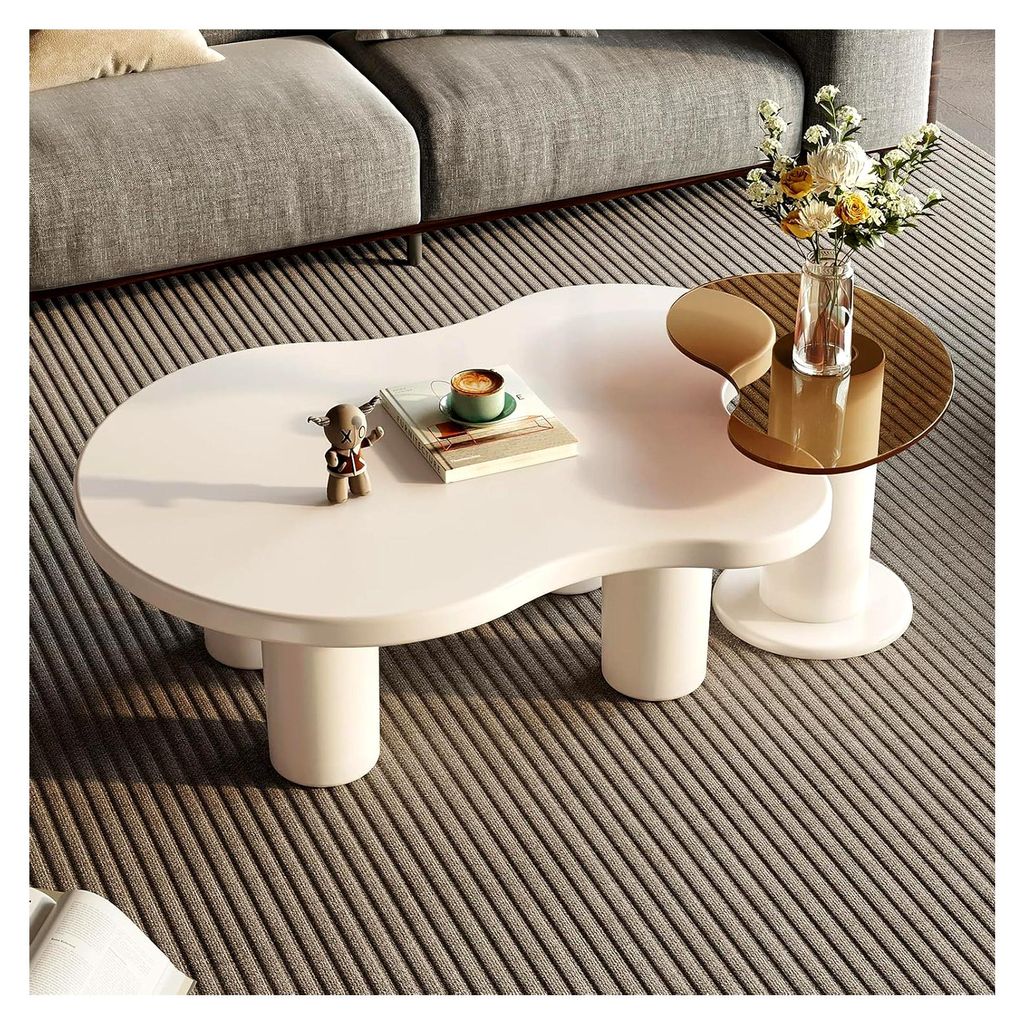 104 cm Couchtisch-Set, 2-in-1 Nesting-Tische mit Glasplatte, Unregelmäßige Form, Beistelltisch für Wohnzimmer, Schlafzimmer, Büro, Kleine Räum...