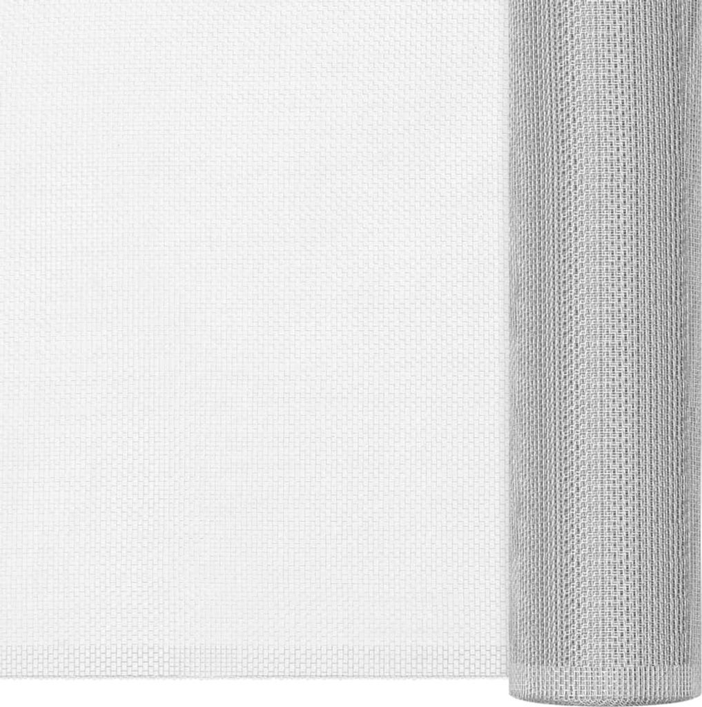 A roll of silver aluminum insect screen is shown against a white background.