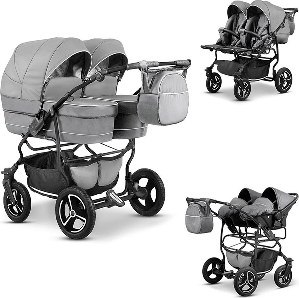 Zwillingskinderwagen Twin Star 4 in 1 Set in Grau - 13 Teile - in 16 Farben erhältlich