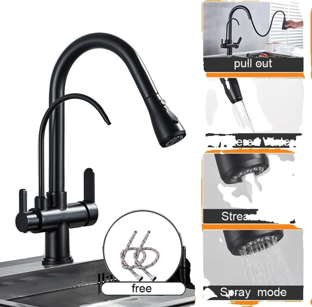 Rubinetto da cucina, design a doppia maniglia, funzione spray estraibile, nero opaco