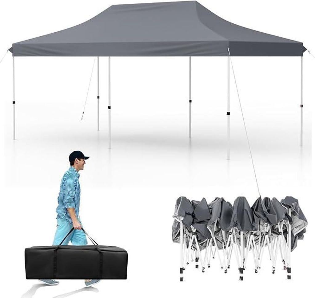 Pop-up Pavillon, Wasserfester und Sonnenschutzter Gartenpavillon mit Tragetasche und 6 Sandsäcken, Klappbaer Gartenzelt, 3 x 6 m höhenverstellbarer