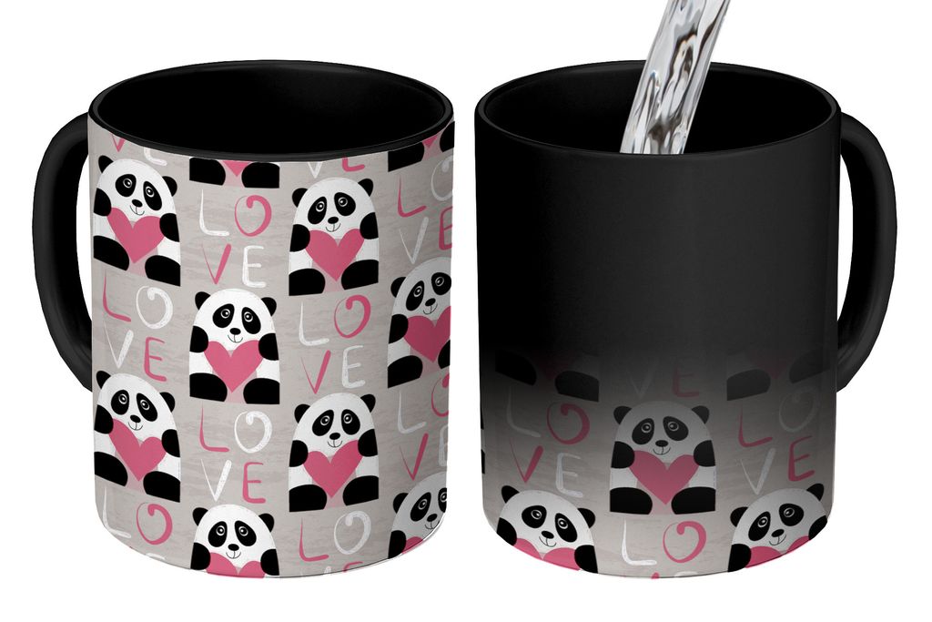 KitchenYeah Zauber Tasse Zaubertasse Magic Herzen - Panda - Muster 350 ml Farbwechsel Becher Geschenk Geschenkidee - Magic-Tasse - Fototasse - Ke...