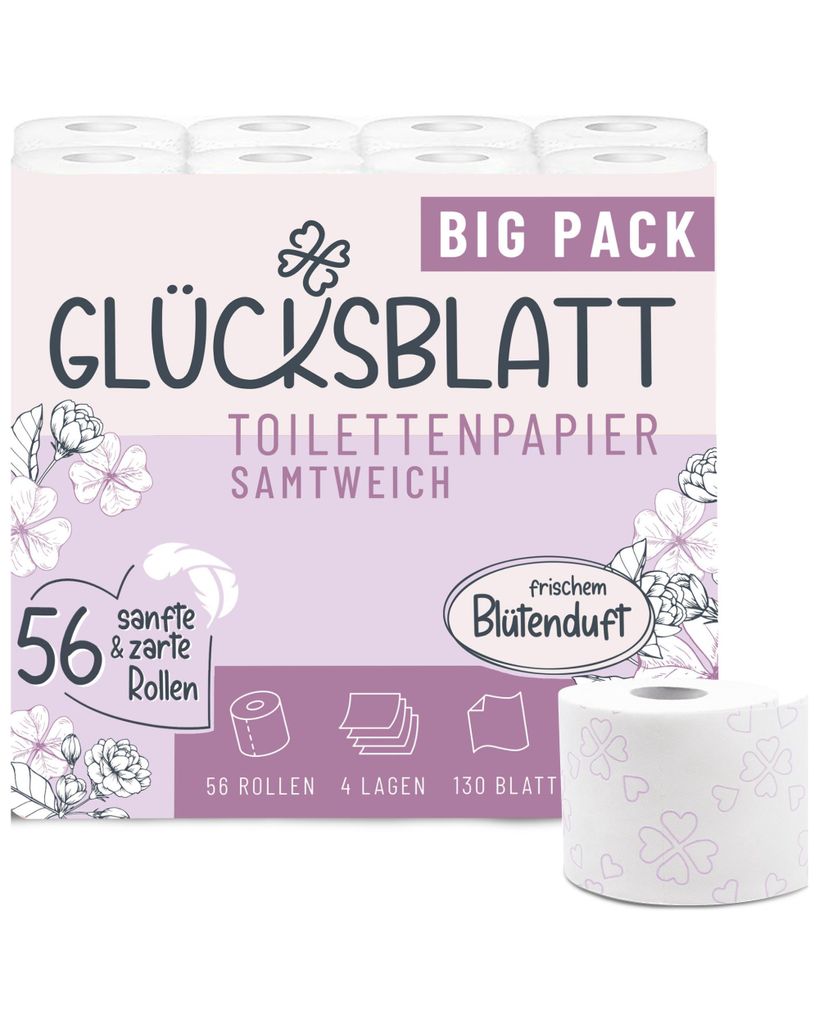 Toilettenpapier SAMTWEICH mit frischem Blütenduft, 4-lagig, 56 Rollen x 130 Blatt, 100% Zellstoff, superweiches Klopapier mit Glücks-Prägung