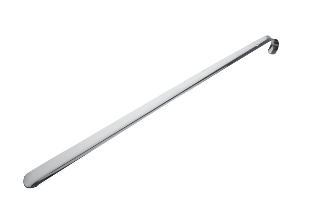 A long, silver shoehorn is shown against a white background.
