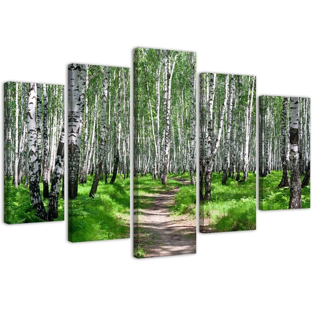 5-teiliges leinwandbild birkenwald 100x70 cm Feeby grün wandbild bereit zum aufhängen