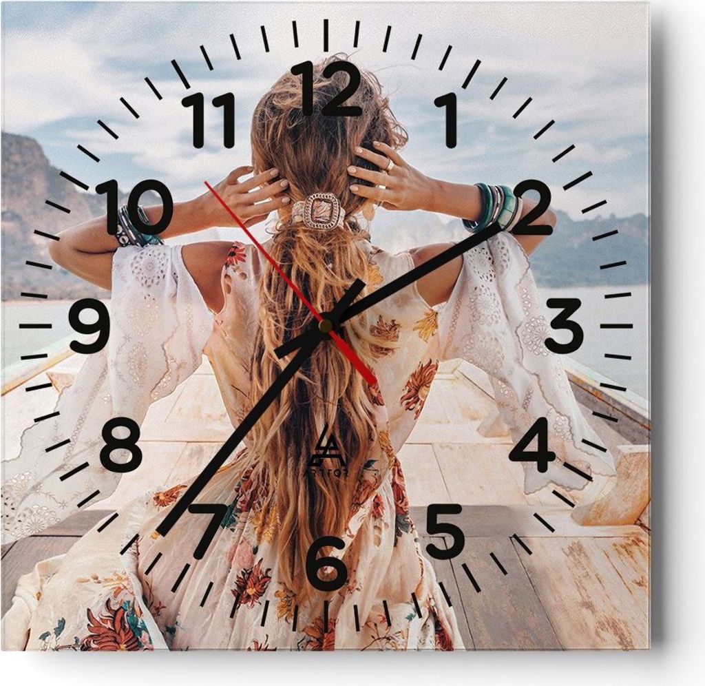 Wanduhr - Quadrat - Glasuhr - Frau Boot Rücken - 40x40cm - Schleichendes Uhrwerk - Lautlos - zum Aufhängen bereit - Dekoration Modern - Wanddekor...