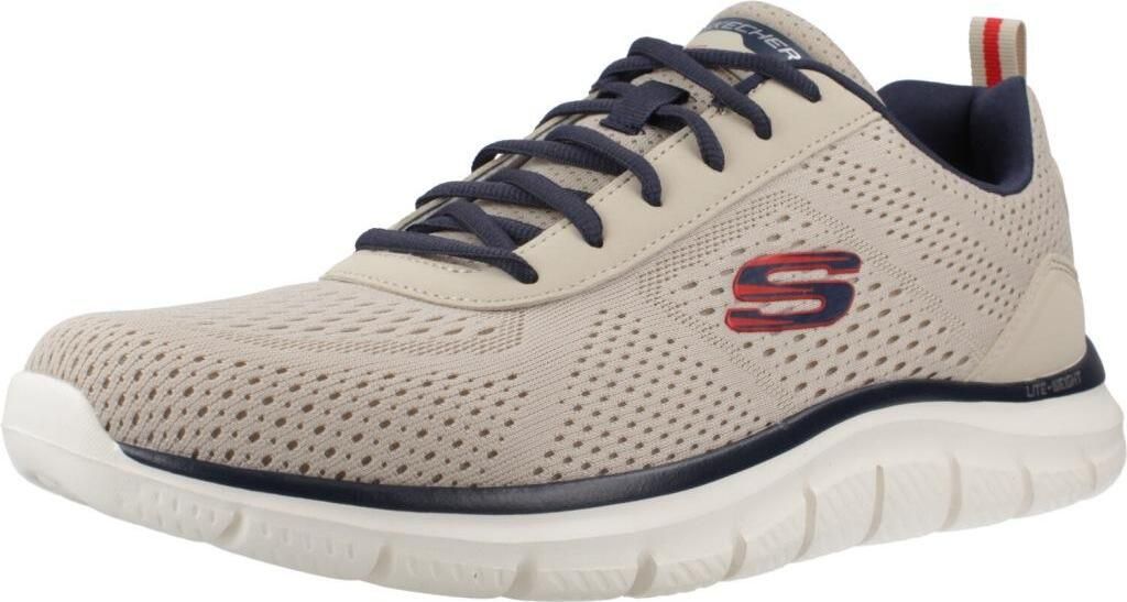 A single beige Skechers shoe is shown from a side angle against a white background.