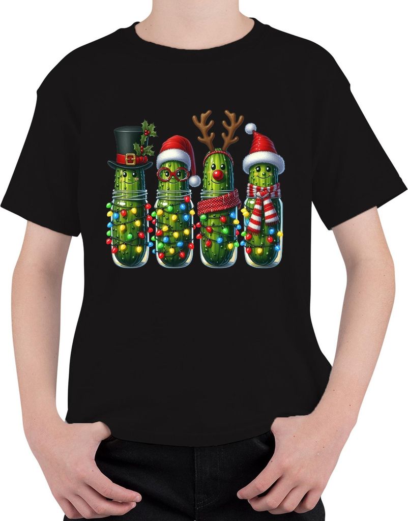 Weihnachtsgurken im Glas Lichterkette Rentier Brille Schal Lustig Uni Kinder T-Shirt, Schwarz, 116