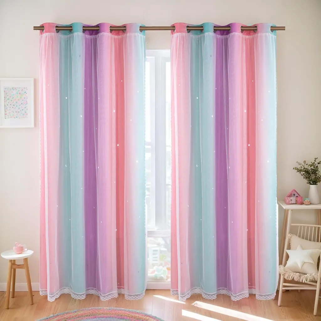 Rideau occultant anti-lumière rose et étoiles, isolation chambre 132x275cm