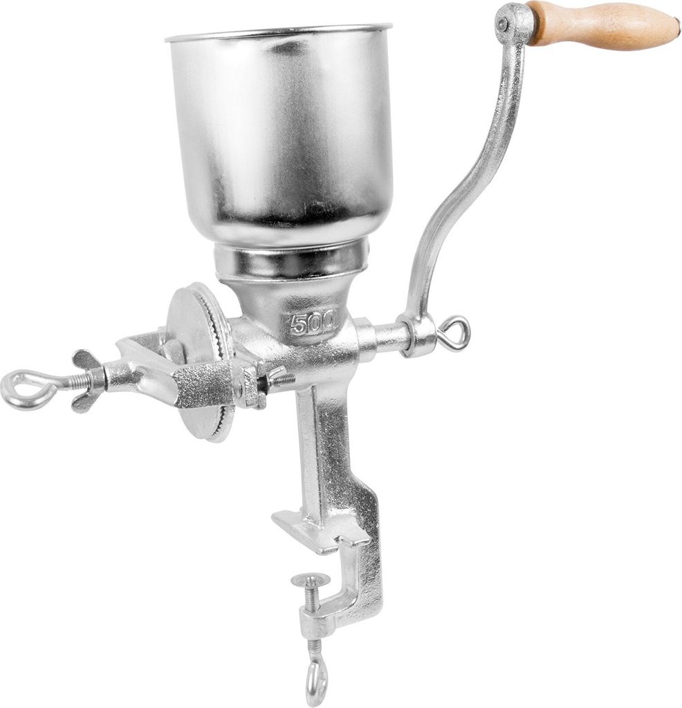A manual grain mill with a clamp for attaching to a surface.