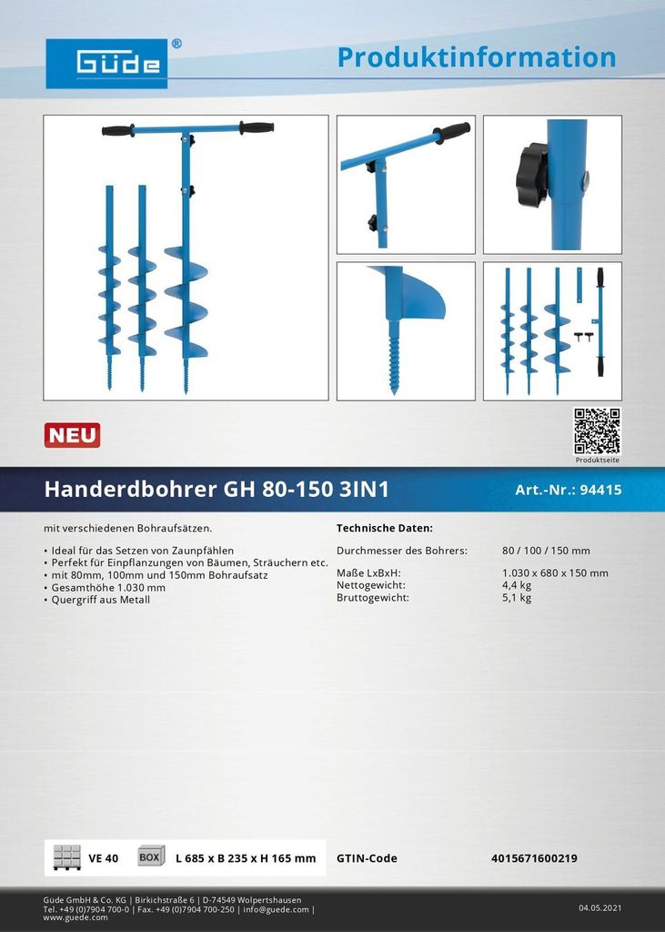 Güde Erdlochbohrer Handbohrer GH 80-150 – Inkl. 3 Aufsätzen Produktbild 7