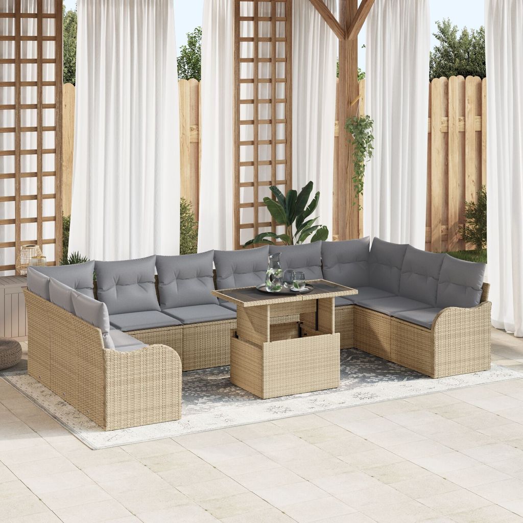 2025 Moderne 11-teiliges Garten Sofa Set mit Kissen Beige Poly Rattan, 2-Sitzer Garten Sofa mit Kissen Beige Poly Rattan - Gartensofas Neu611001