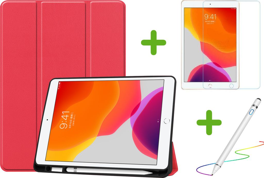 Case2go - iPad 10.2 2019 / 2020 hülle - Active Stylus Stift - Displayschutz - Rot