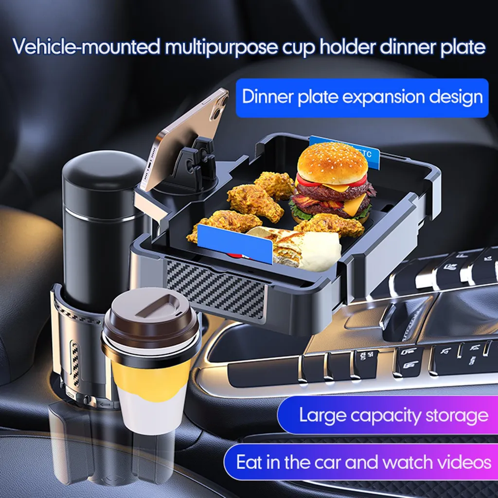 Porte-gobelet extensible 4 en 1 rotatif avec plateau repas pour véhicule