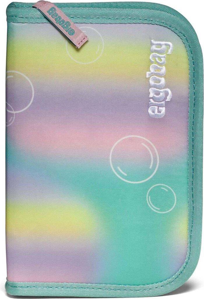 A closed pencil case with a pastel tie-dye pattern and bubble graphics.