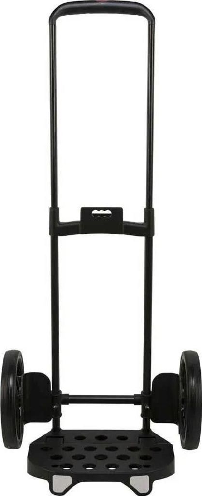 A black shopping trolley frame with wheels, shown from the front.